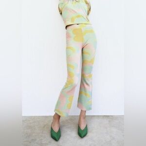 Zara Green And Pink Retro Floral Knit Pants